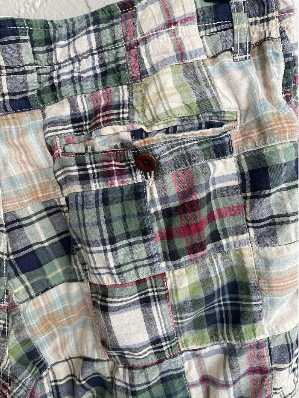 J Crew Shorts Men's 32W Multicolor Madras Plaid Patchwork Field Shorts.